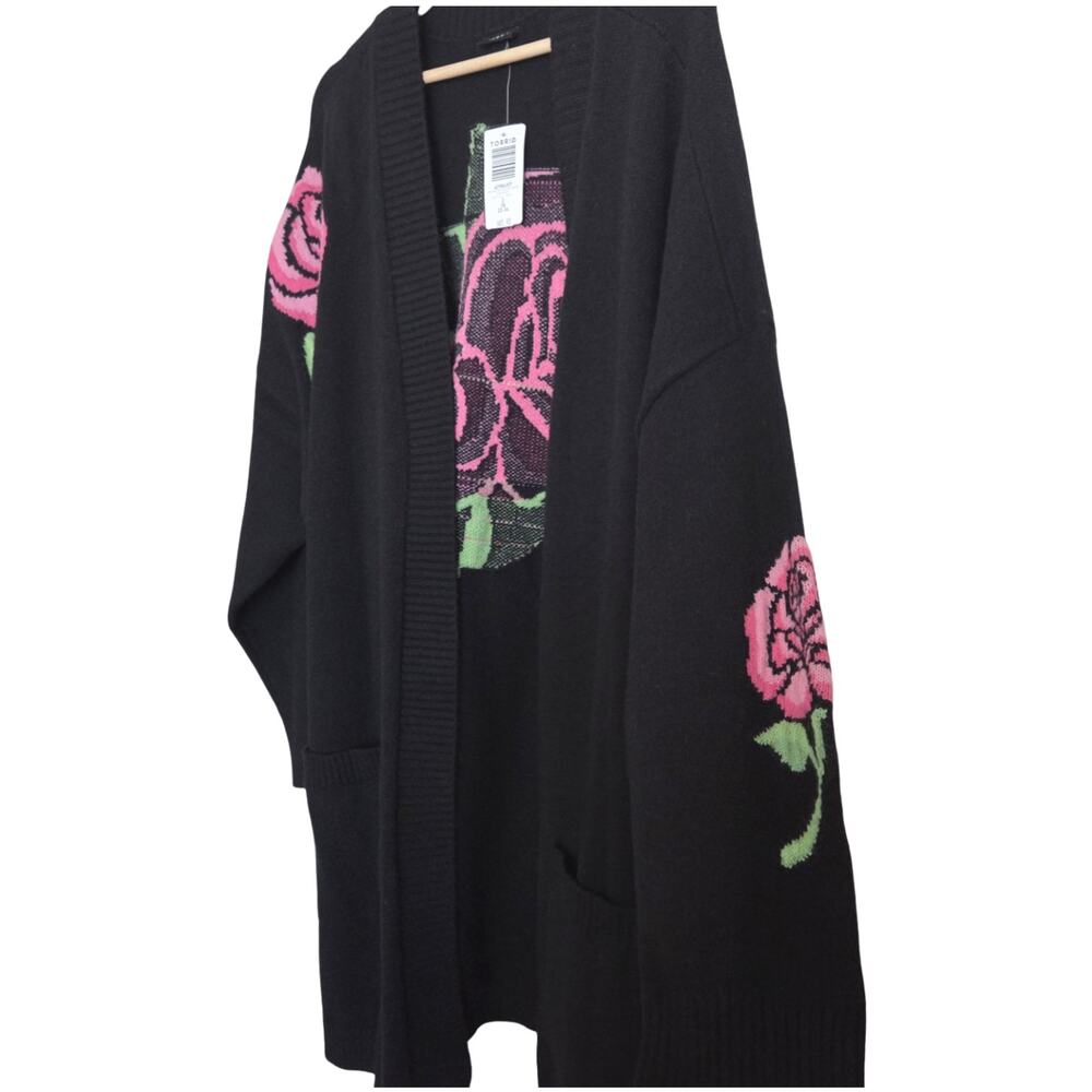 NWT Torrid | Open Front Drop Shoulder Rose Embroidered Cardigan Deep Black - Picture 7 of 11